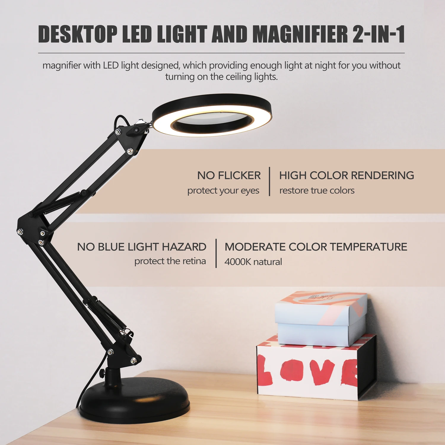 

5X Magnifying Glass Desk Lamp Magnifier LED Light Foldable Reading Lamp with Three Dimming Modes USB Power Supply loupe