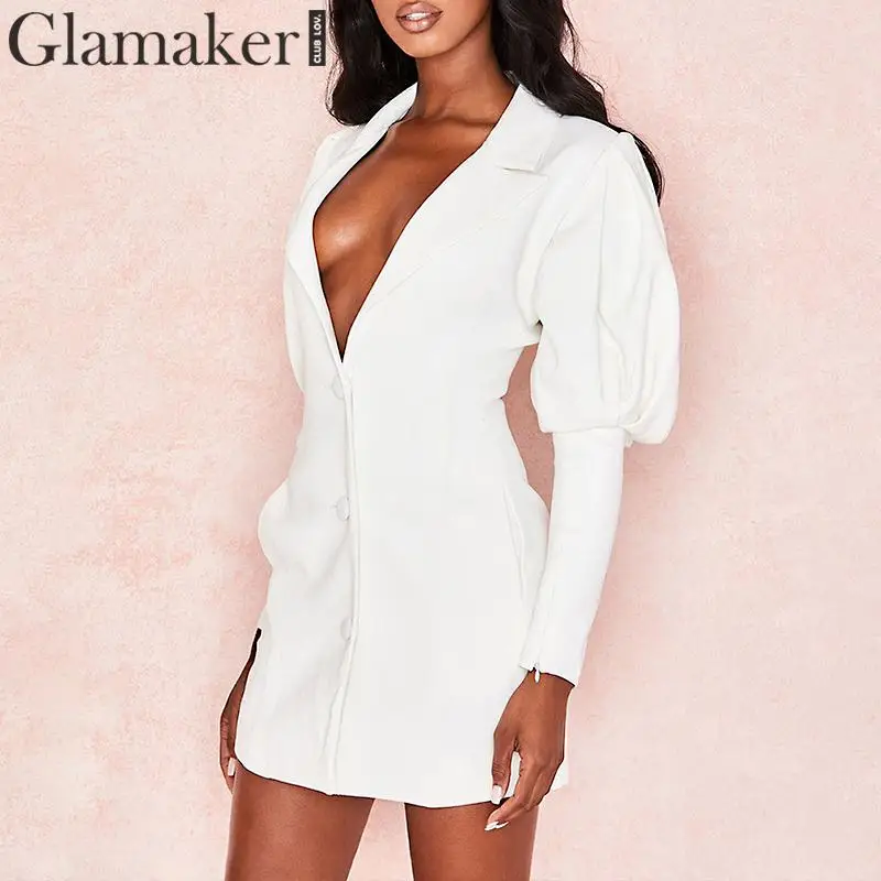 Glamaker Белый Глубокий v обтягивающий пиджак мини платье Женские Длинные Пышные рукава Вечерние Элегантные платья осень зима женские сексуальные Клубные платья
