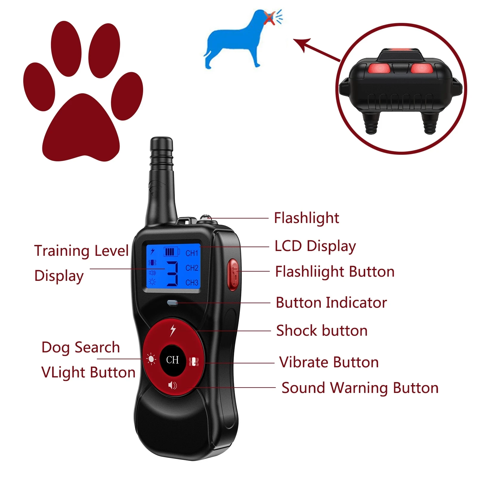 

800M Pet Remote Control Vibration Shock Beep Electric Dog Training Collar Rechargeable Waterproof For All Size Lcd Display