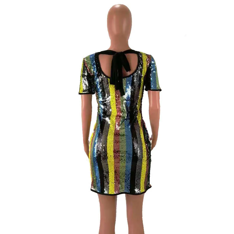 Разноцветное Радужное платье с пайетками женское сексуальное коротким рукавом