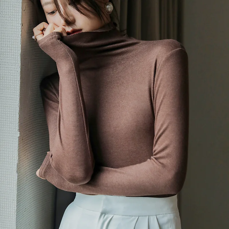 

Modal High Collar Bottoming Tshirt Women's Long Sleeve Slim Korean Solid Color Autumn Thin Velvet New Undershirt Female Top