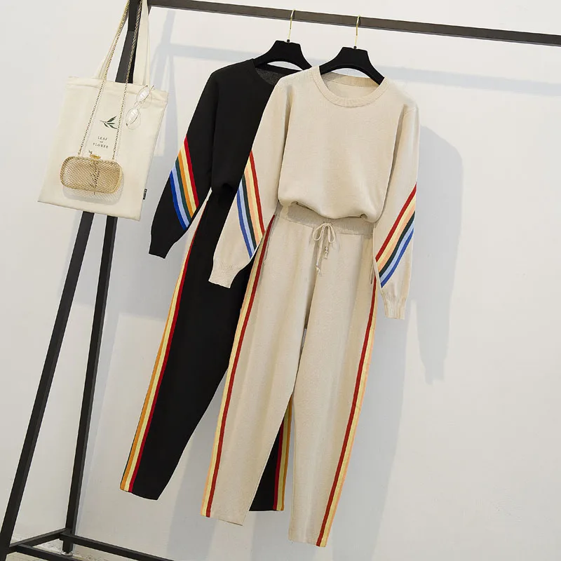 5XL new autumn and winter 2019 women's fashion fat sister loose knit two-piece suit sports leisure |