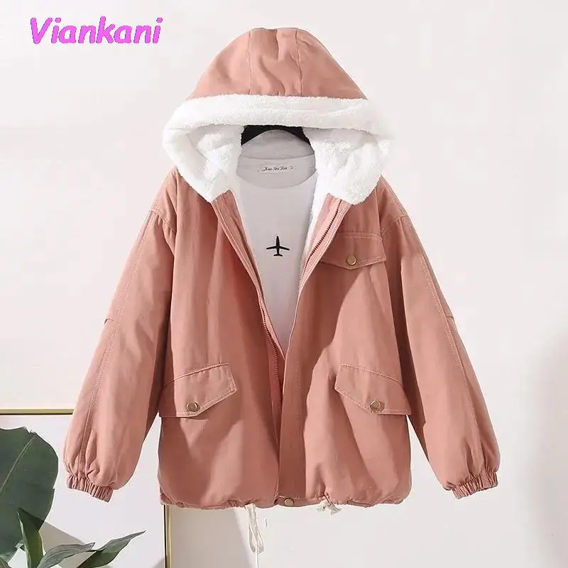 

Short Style Parkas Women Solid Plus Velvet All-match Students Outwear 2022Winter Thick Coat Loose Fashion Cute Jacket Streetwear