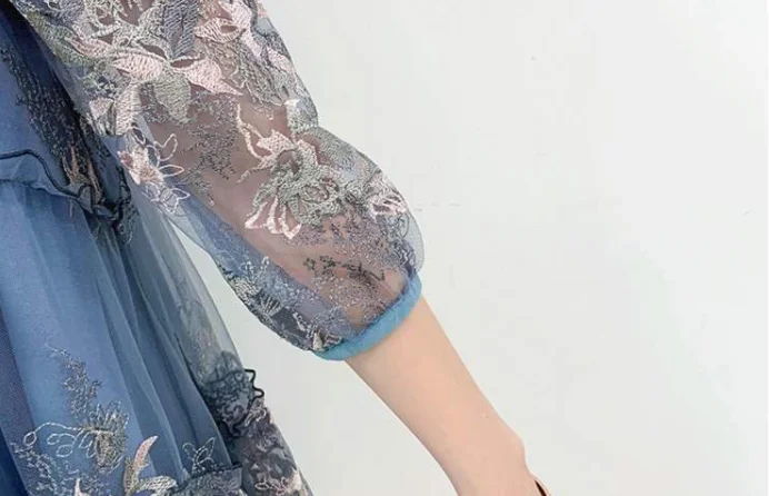 

2021 Spring Summer Sweet Ladies Women 3/4 Sleeve Embroidery 3/4 Sleeve Blue Dress , Woman Clothes 4xl 5xl Floral Dresses
