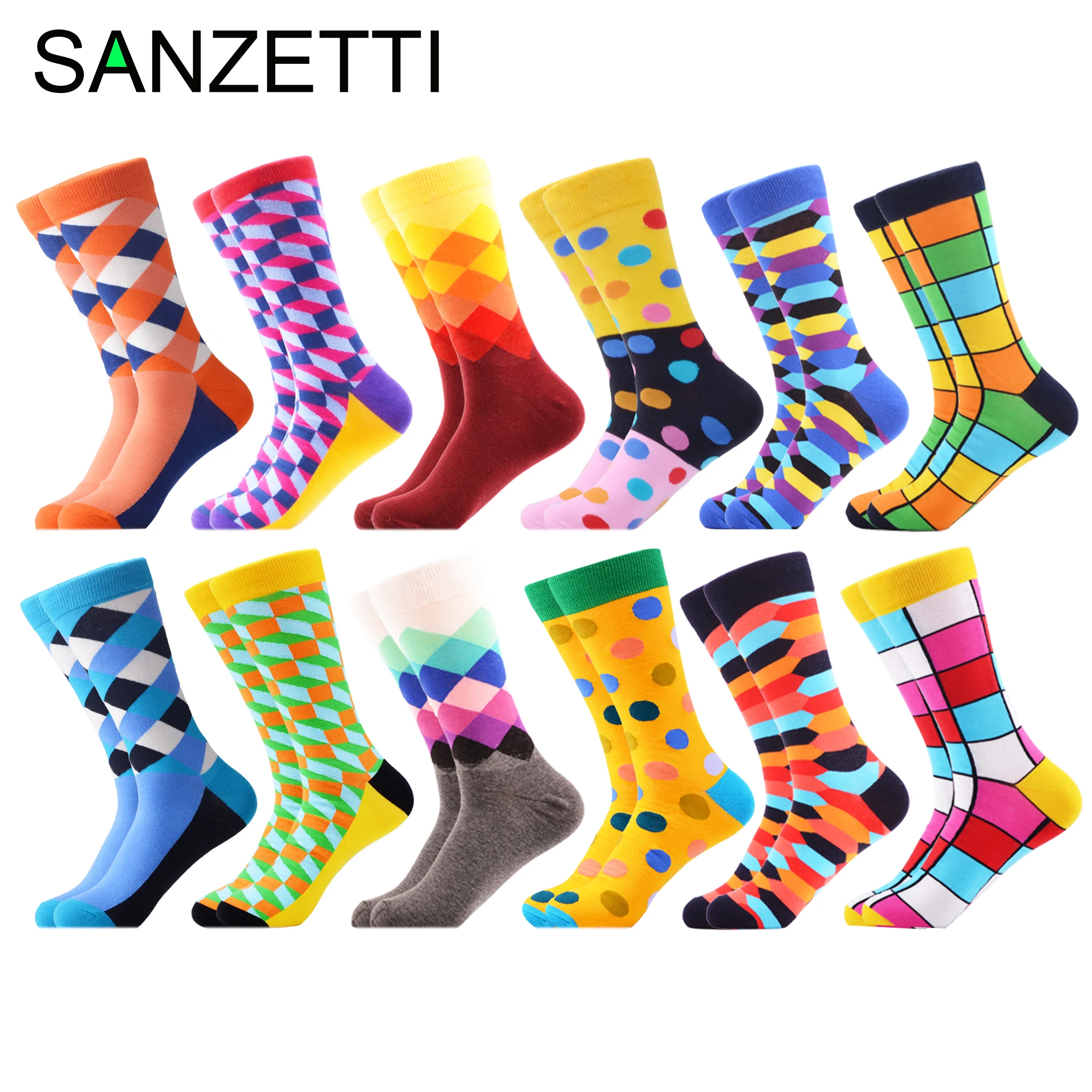 SANZETTI 12 парт/Лот Оптовая Продажа Смешные мужские носки из чесаного хлопка