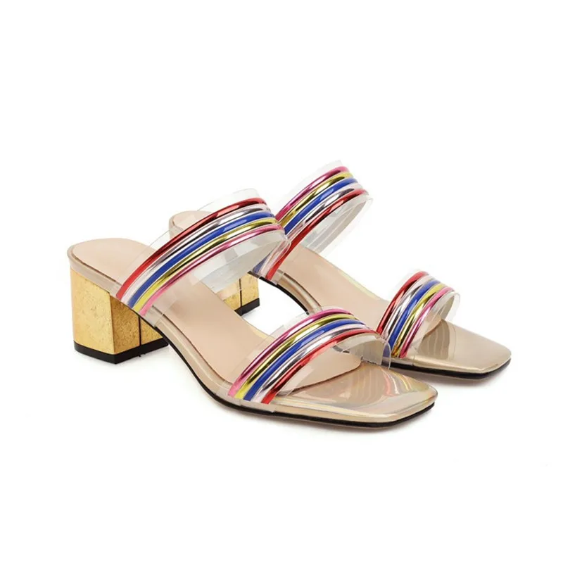 

Female Rainbow Silicone Slides Square Heels 6cm Clear Shoes Plus size 33-50 Wide fitting Novelty Slippers Artificial Pumps Blue