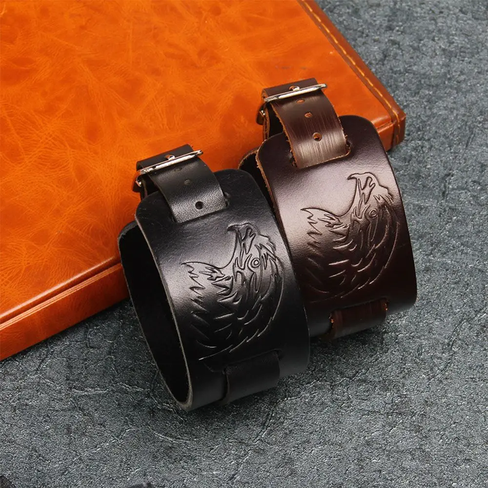 Мужской широкий браслет в ковбойском стиле черный/коричневый кожаный с пряжкой