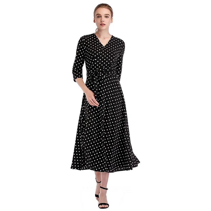 ITOOLIN Yellow Polka Dot Long Dress V-Neck High Waist Wrap A-Line Vintage Casual Women Black Dresses 2020 Spring Autumn | Женская одежда