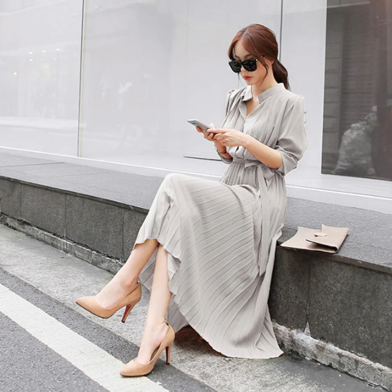 Женское длинное плиссированное платье однотонное Элегантное шифоновое средней