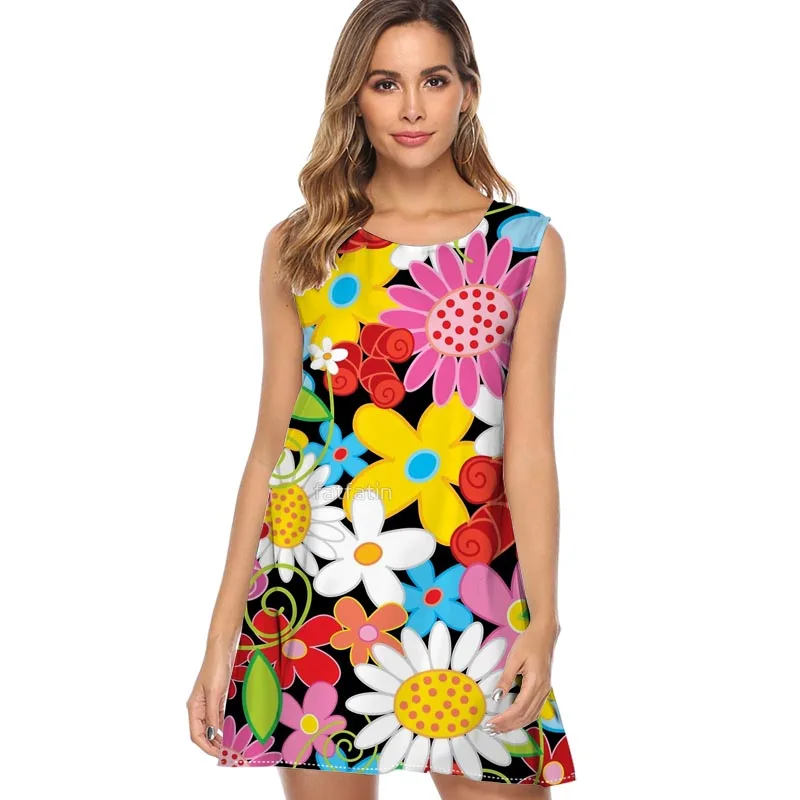 Women Loose Dress 2019 Vintage Camera Flowers Power Garden Boho Beach Vestidos Sleeveless O Neck Summer Mini Chiffon |