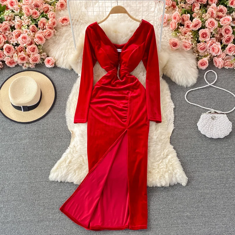 

Lady Celebrity Feminine V-Neck Long Party Dress Women Slim Cut Split Velvet Dress Light Luxury Wrap Hip Red Black Bodycon Dress