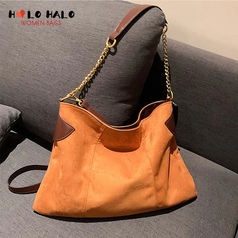 Женская Замшевая сумка на плечо в стиле ретро, повседневные кошельки и сумочки, простая однотонная сумка-ведро на цепочке, дизайнерская сум...