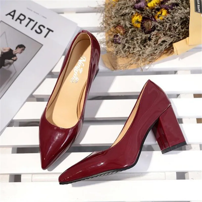 

2019 New Women Pumps Black High heels 7.5cm Lady Patent leather Thick with Autumn Pointed Single Shoes Female Sandals Big 35-43