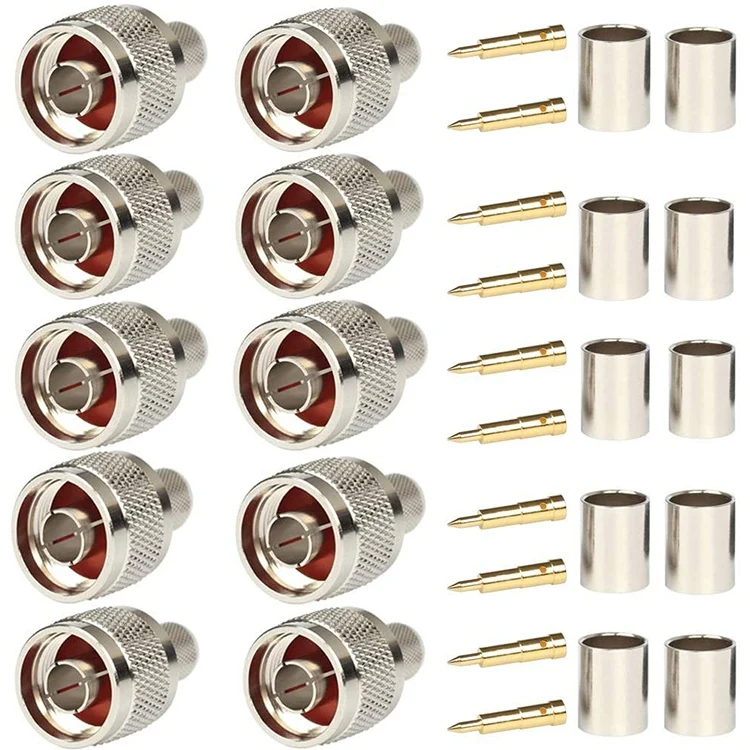 

Pack of 10 N Male Plug Crimp Rf Coaxial Connector 50 Ohm for LMR400 RG8 Nickel Machined Brass Construction