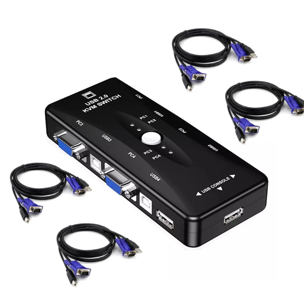 

4 Port KVM Switches USB 2.0 VGA Splitter Switcher 4 in 1 Out VGA Splitter Box for Keyboard Mouse Monitor Connections