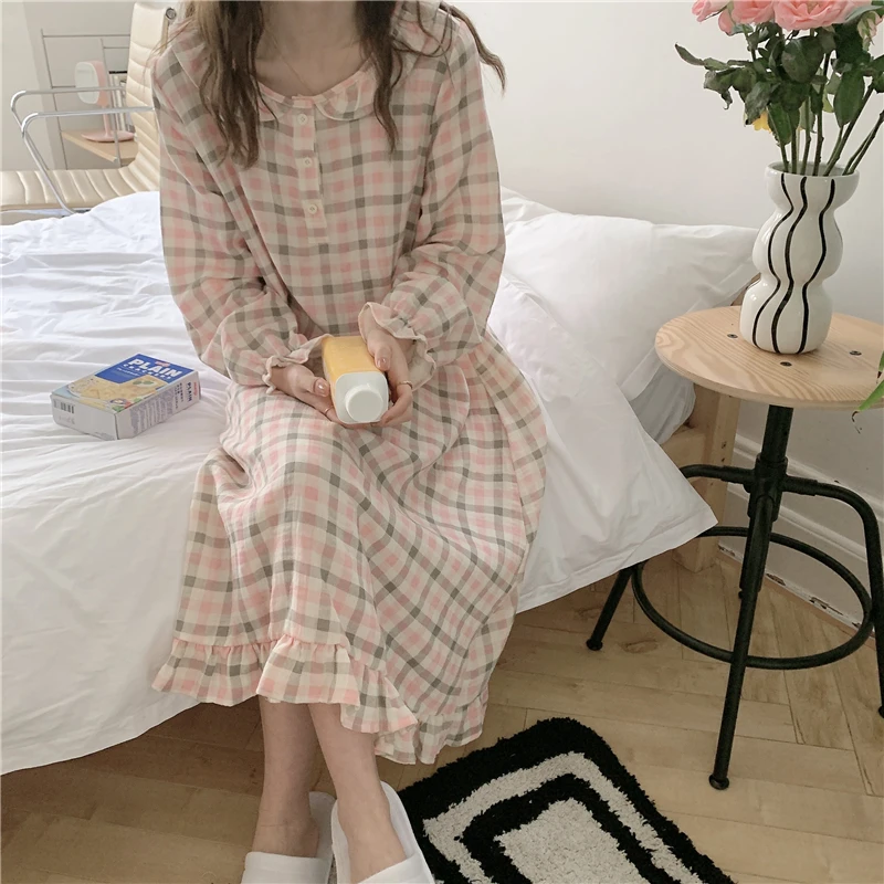 

autumn new plaid cotton nightgown women sleep dress homewear long sleeve ruffles long vestidos sleepdress peter pan collar L465