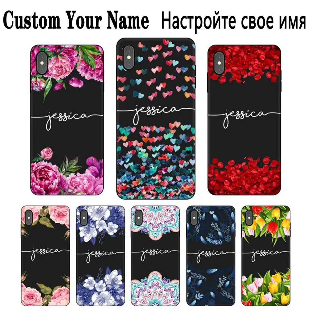 Flower heart Custom DIY Name Text Black Soft TPU Silicone Phone Case Cover For iPhone 11 Pro X XR XS MAX 5 6 6S 7 8 Plus |