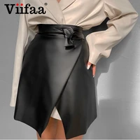 viifaa bow tie high waist black pu leather korean style fashion mini skirts womens split front asymmetrical hem short skirt