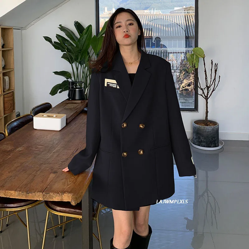 

2022 New Spring Autumn Female Blazer Double Breasted Solid Coat Outerwear Long Sleeve New Korean Suit Top Fashion Tie