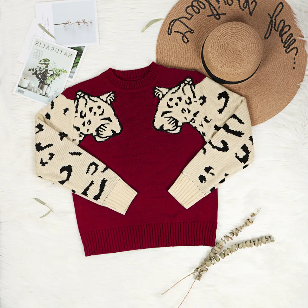 Fashion Women Sweater Animal Print Patchwork O-Neck Long Sleeve Pullover Loose Female Winter Warm Blouse M840# | Женская одежда
