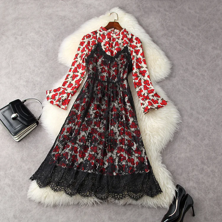 

European and American women's wear for spring 2021 Flower print dress with flared sleeves Condole belt lace two-piece dress