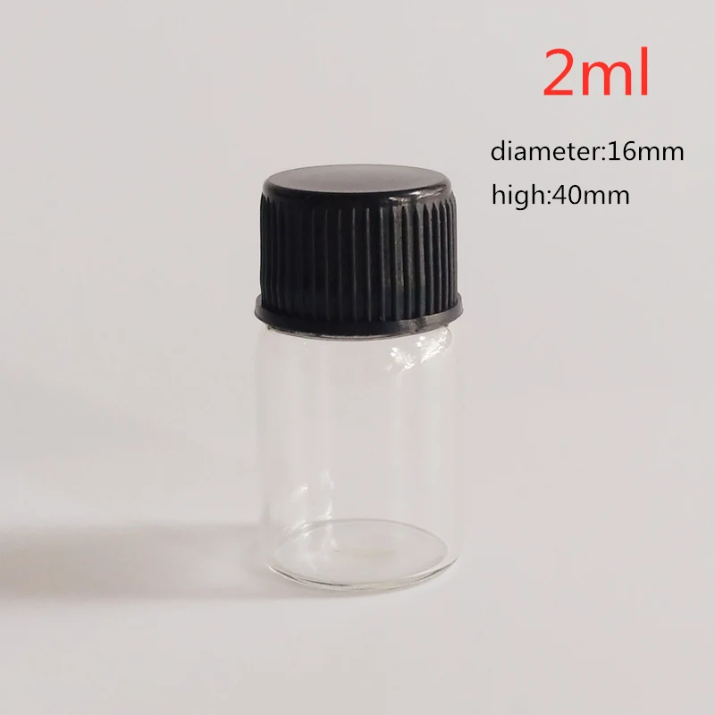 Black lid Маленькая стеклянная бутылка 2 мл, маленькая стеклянная банка, домашняя декоративная бутылка 16*26,5 мм, черные пластиковые баночки с завинчивающейся крышкой для хранения, 100 шт./лот - Цвет: Black lid