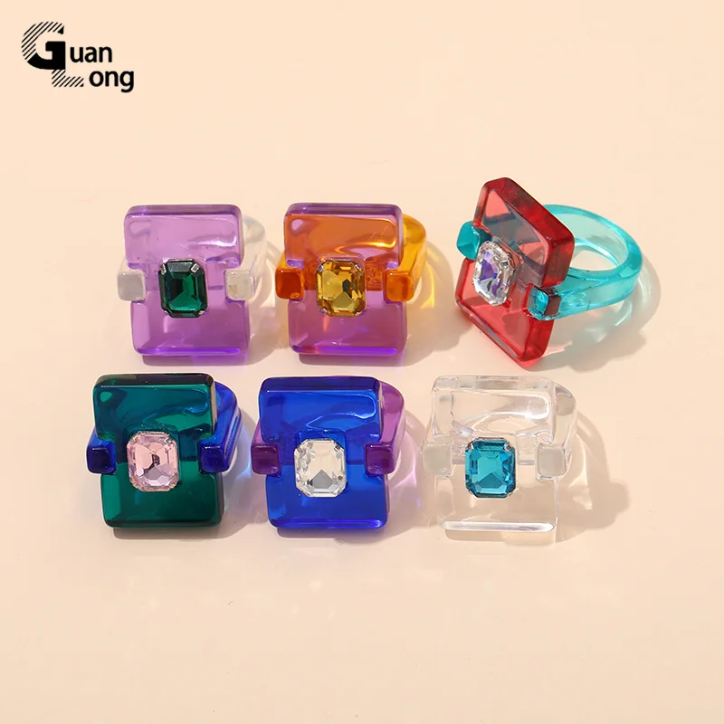 

GuanLong 2021 Transparent Resin Acrylic Rhinestone Colourful Geometric Square Rings for Women Fashion Jewelry Party for Girls