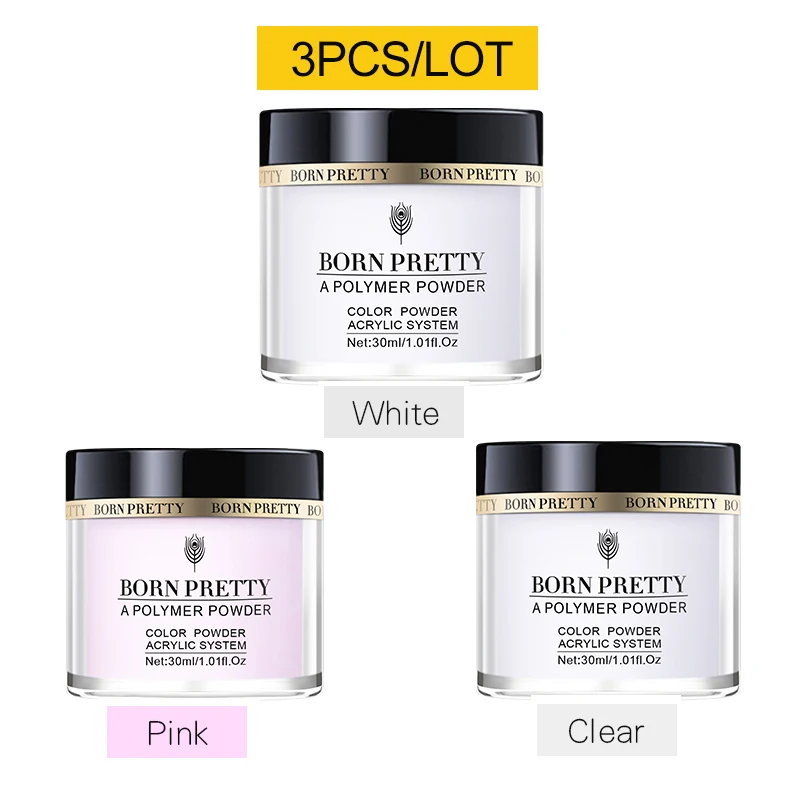 30ml 3 colors BORN PRETTY 30 мл акриловый порошок Резьба ногтей полимерный наконечник расширение французский розовый, белый, прозрачный самоклеющиеся стразы порошок для ногтей - Цвет: 30ml 3 colors