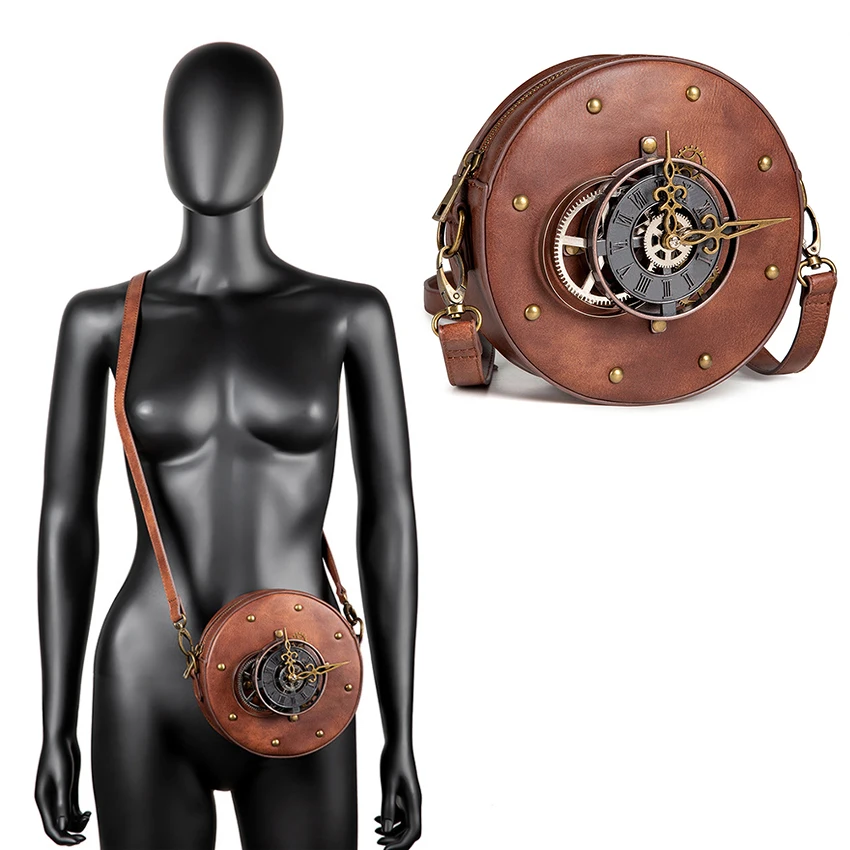 

Steampunk Retro Mechanical Gear Bag Medieval Women Clock Inclined Shoulder Lady Circular Punk Bag Leather Vogue Multi-Function