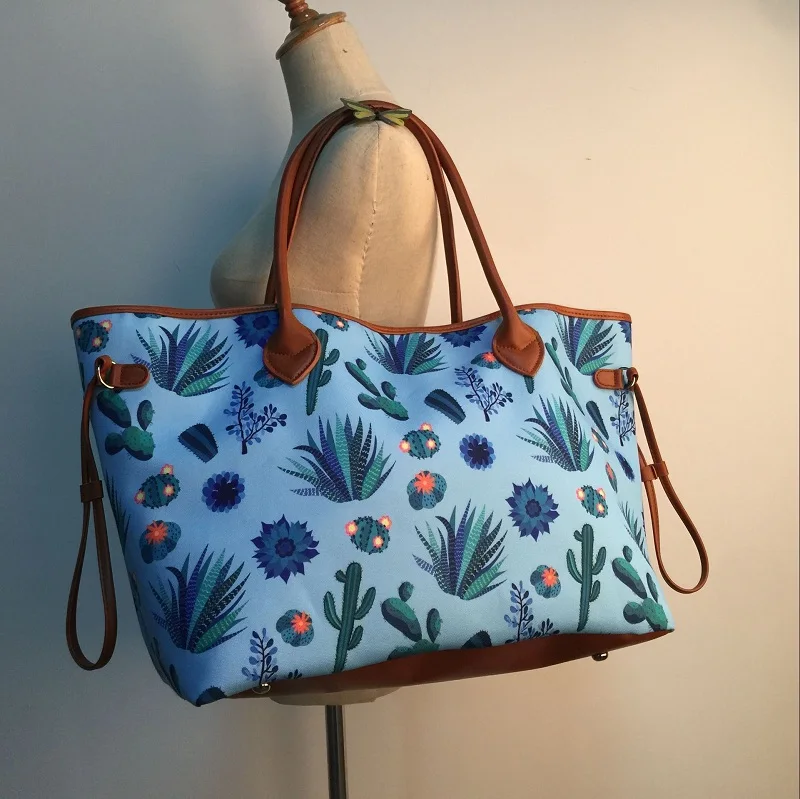 teal flower Леопардовая полосатая женская сумка, коровья кожа, холщовая Повседневная сумка, женская сумка с двумя струнами,, DOM1068 - Цвет: teal flower