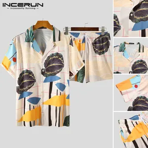 Комплект INCERUN мужской с принтом, рубашка с коротким рукавом, воротником с лацканами и шорты с кулиской, свободный пляжный костюм в гавайском стиле с цветочным принтом, 5XL, на лето