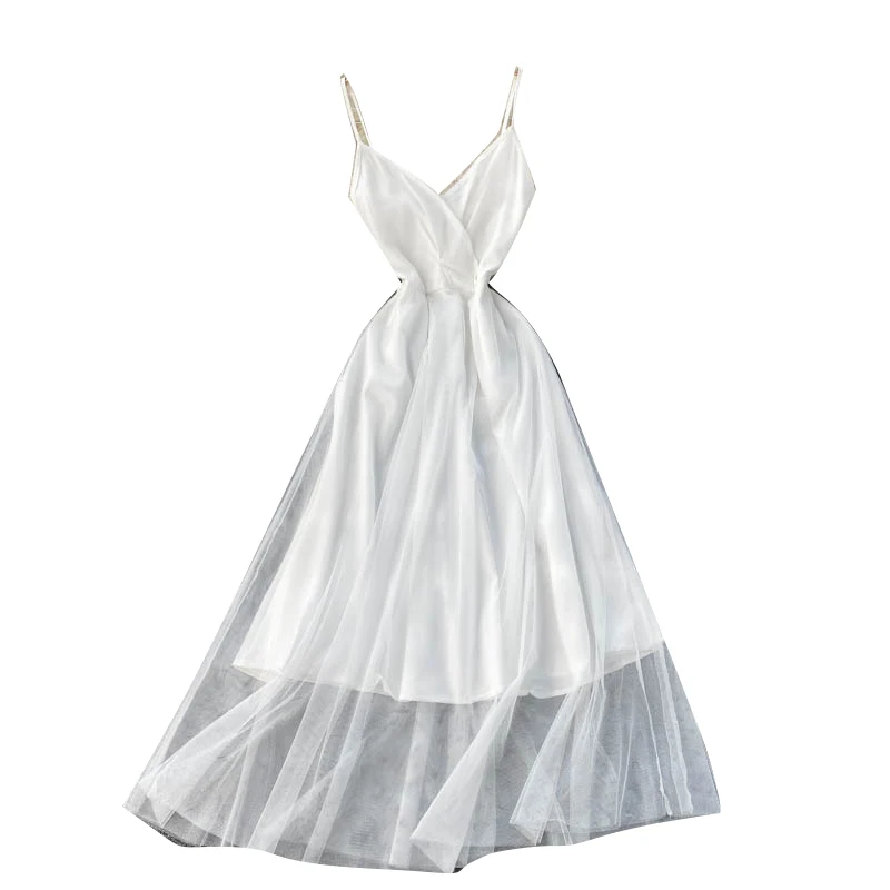

Seaside Vacation Skirt Sexy V-neck Backless Back-Beautifying Waist Hugging Slimming Fairy Mesh Expandable Dungaree Dress Women