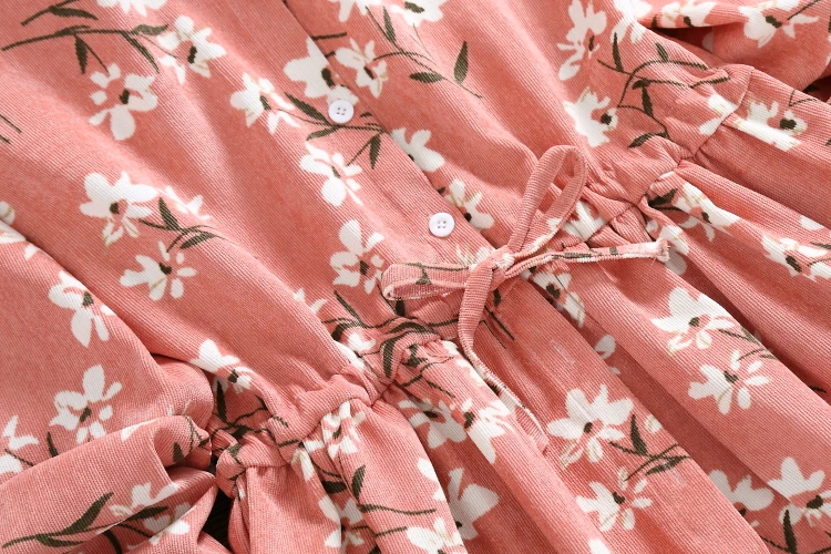 

Mori Girl Autumn Spring Floral Women Sweet Dress Turn-Down Collar Print Casual Female Elbise Full Sleeve Elegant Corduroy Dress