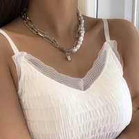 baroque pearls spliced metal chain lock pendant necklace for women baroco style double thick chains choker female jewelry trend