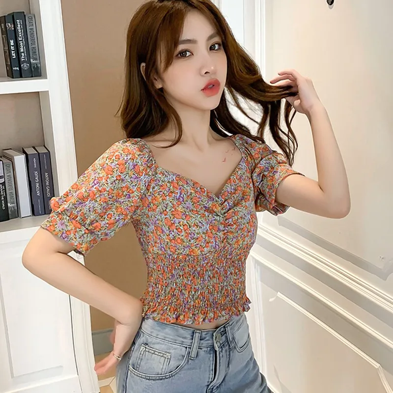 

Jlong Women Harajuku Short Sleeve Shirt Summer Sweet Floral Print Blouse Casual Blouses Top