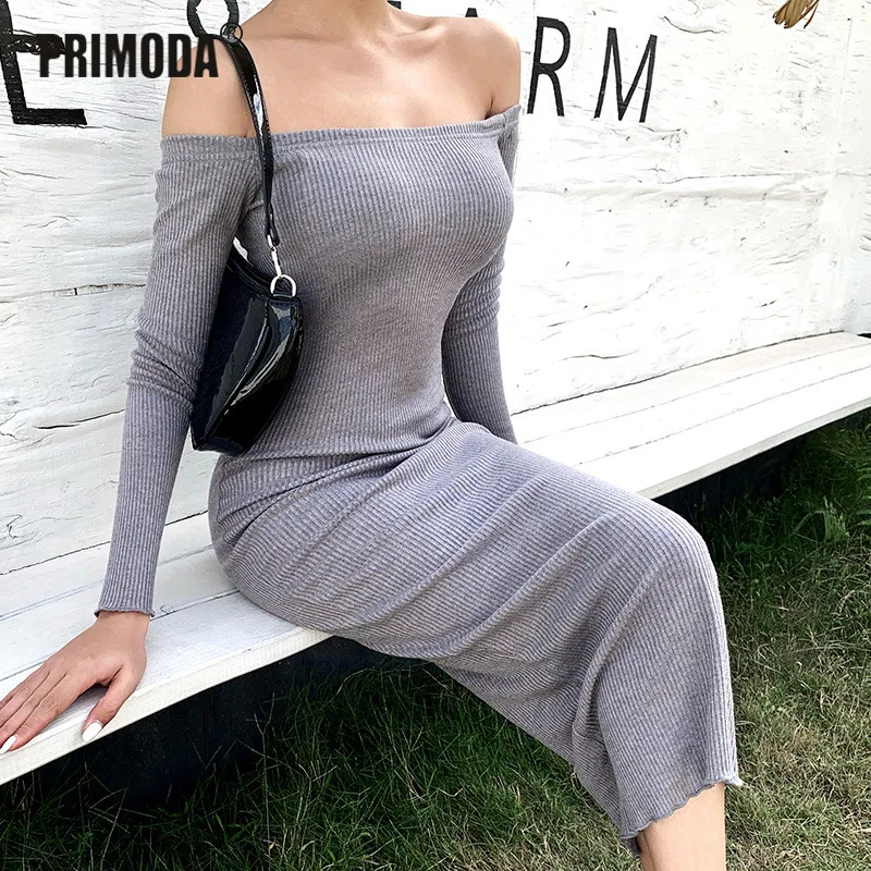 Новое Осеннее серое платье миди с открытыми плечами для женщин вырезом лодочкой