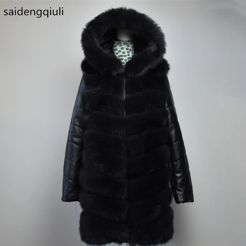 Natural New Genuine Fur Fox Vest Long Fox Fur Sheepskin Hat Coat Sheep Skin Demolished Sleeves Can Detachable Zipper Jacket