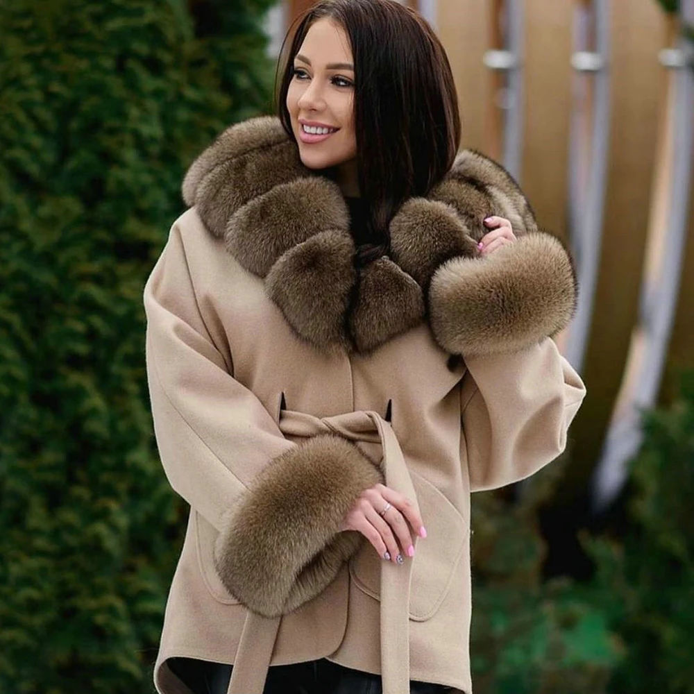 Mid-length Real Wool Blends Coat with Fox Fur Hood Thick Warm Women Winter Fashion Genuine Fox Fur Cashmere Coats Outwear Woman enlarge