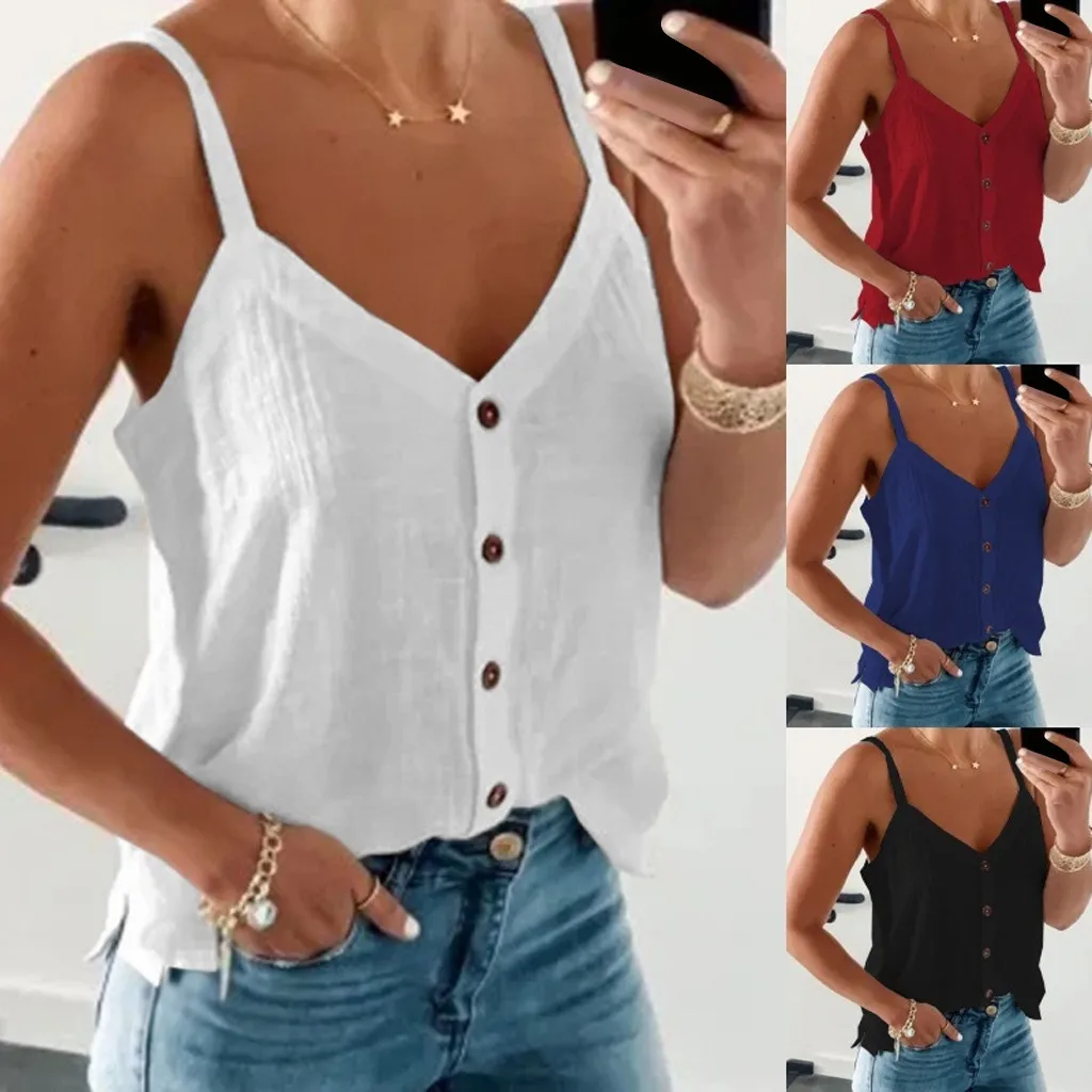 

Womens V Neck Button Vest Fashion Plain Cotton white Top Camis Suspenders Shirt Vest Solid Color Camisole Sexy Sleeveless Tops