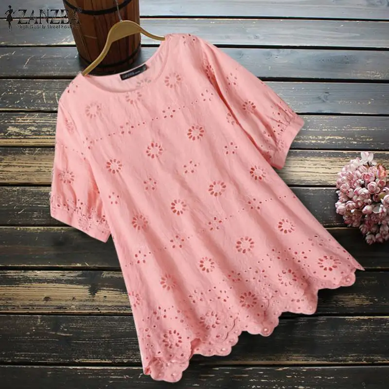 

ZANZEA Vintage Short Sleeve Tops Women Summer Embroidery Blouse Female Loose Blusas Chemise Casual O Neck Solid Hollow Out Shirt
