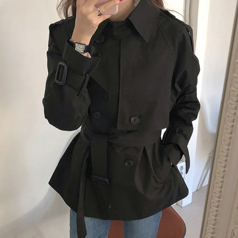 Женский двубортный Тренч Mozuleva свободная короткая верхняя одежда с поясом зимняя