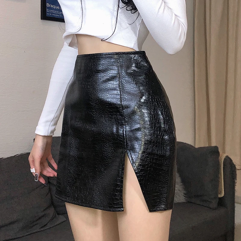 

Waatfaak High Waist PU Faux Leather Skirt Women Bodycon Split Animal Crocodile Print Elegant Black Goth Skirt Mini Sexy Korean