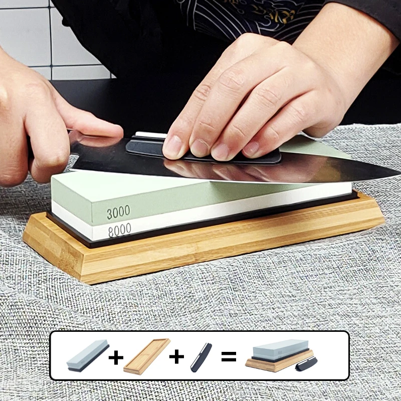 Набор двухсторонний камень для заточки масла + бамбуковая основа Держатель ножа 3