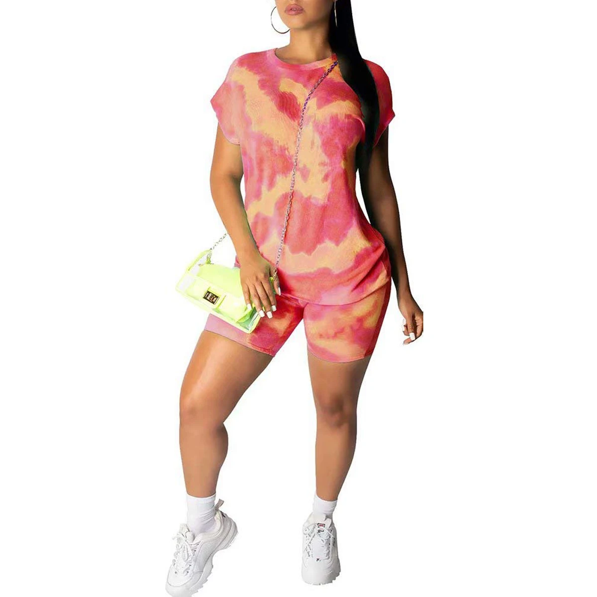 

Colorful Tie Dye Sportswear for Women Summer Running Set Tracksuit Short Sleeve O-Neck Tops+Shorts Women Gym Fitness Clothing