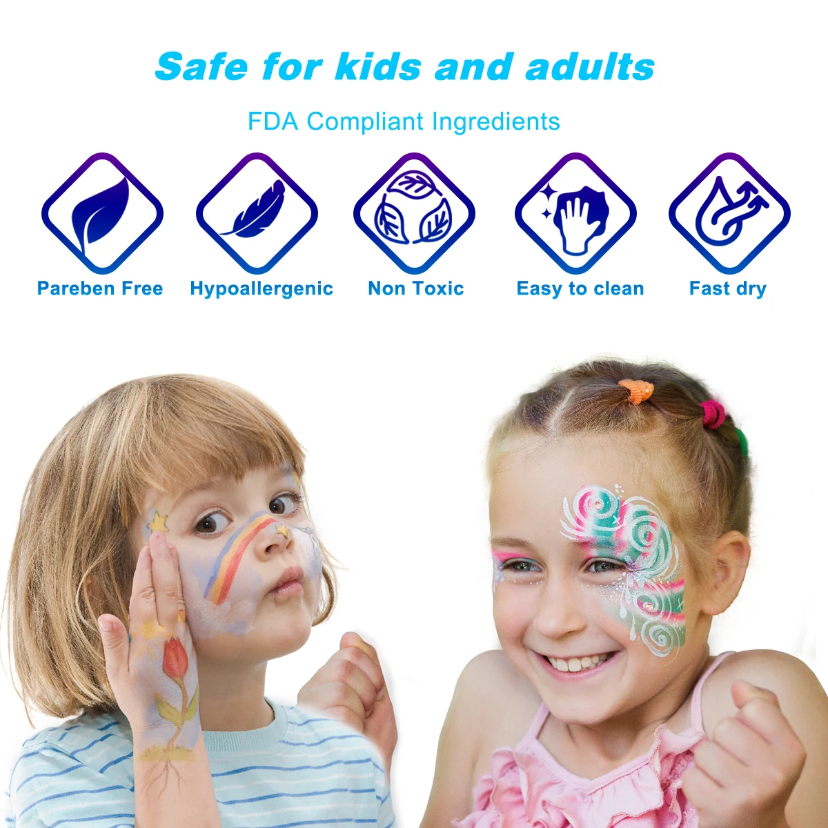 Набор для рисования лица Bowitzki 12 ярких цветов 2 блестящих кисти 40 трафаретов губки