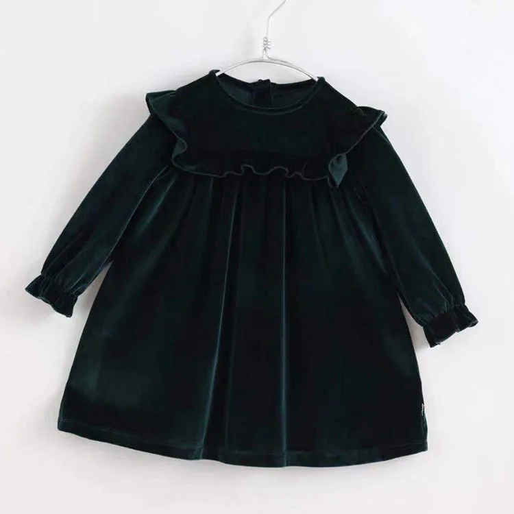 Dark green Осенне-зимнее платье для малышей однотонные платья с длинными рукавами для маленьких девочек милая детская бархатная одежда Платья в стиле принцессы - Color: Dark green