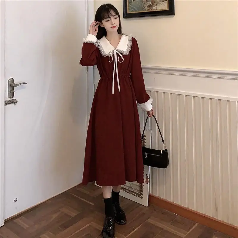 

Spring Vintage Dress Women Sweet Lace Peter Pan Collar French Elegant Long Sleeve Fairy Midi Dress Korean 2021 Autumn Chic