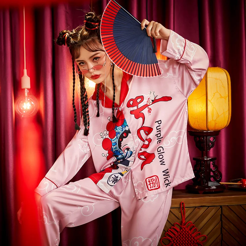 Summer Pajamas Women Sleepwear Chinoiserie The Tide High Quality Snow and Ice Silk Plus Size Pajama Set Princess Style Spring