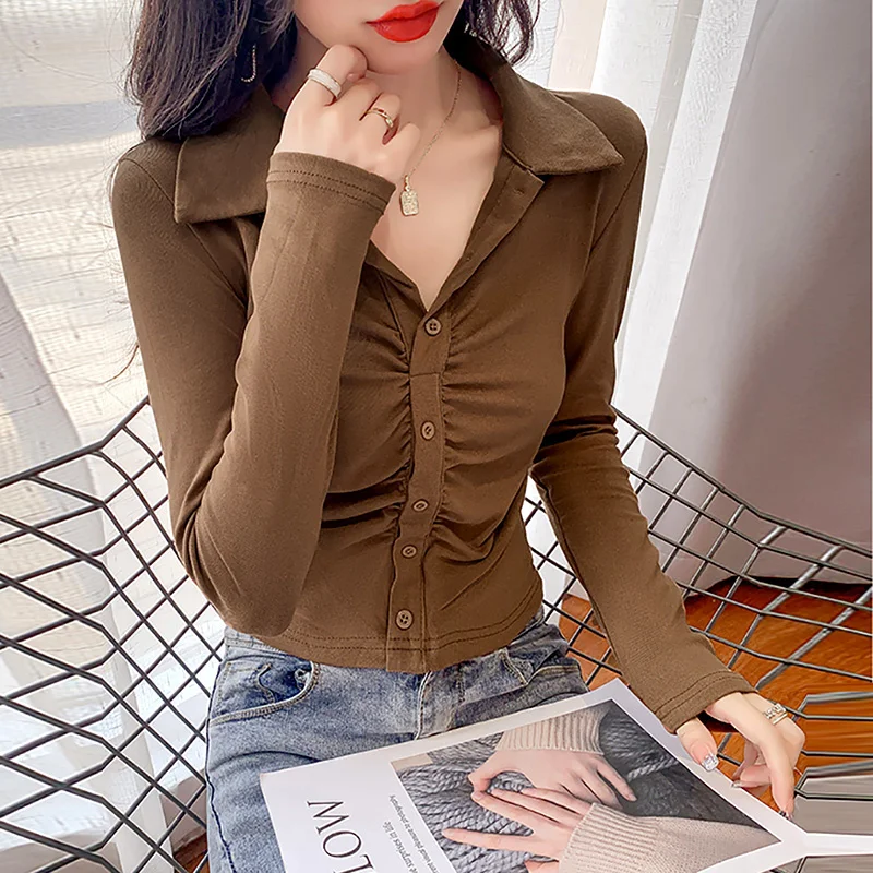 

Женская плиссированная трикотажная рубашка с воротником-поло, Новинка осени 2021, Модный облегающий топ с длинными рукавами, подходящий ко вс...