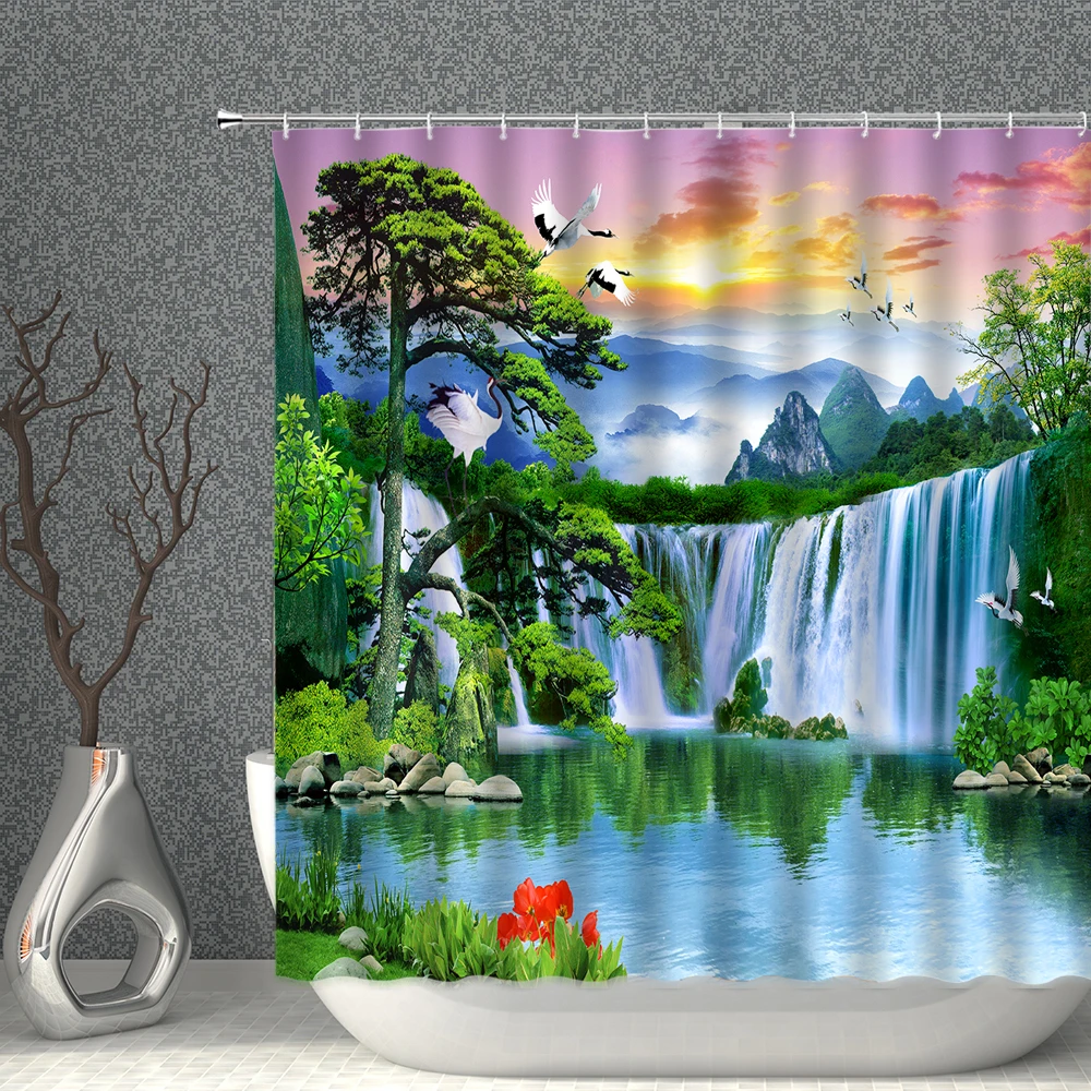 

Waterfall Shower Curtain Spring Natural Scenery Forest Pine Pattern Waterproof Polyester Fabric Household Decoration With Hooks
